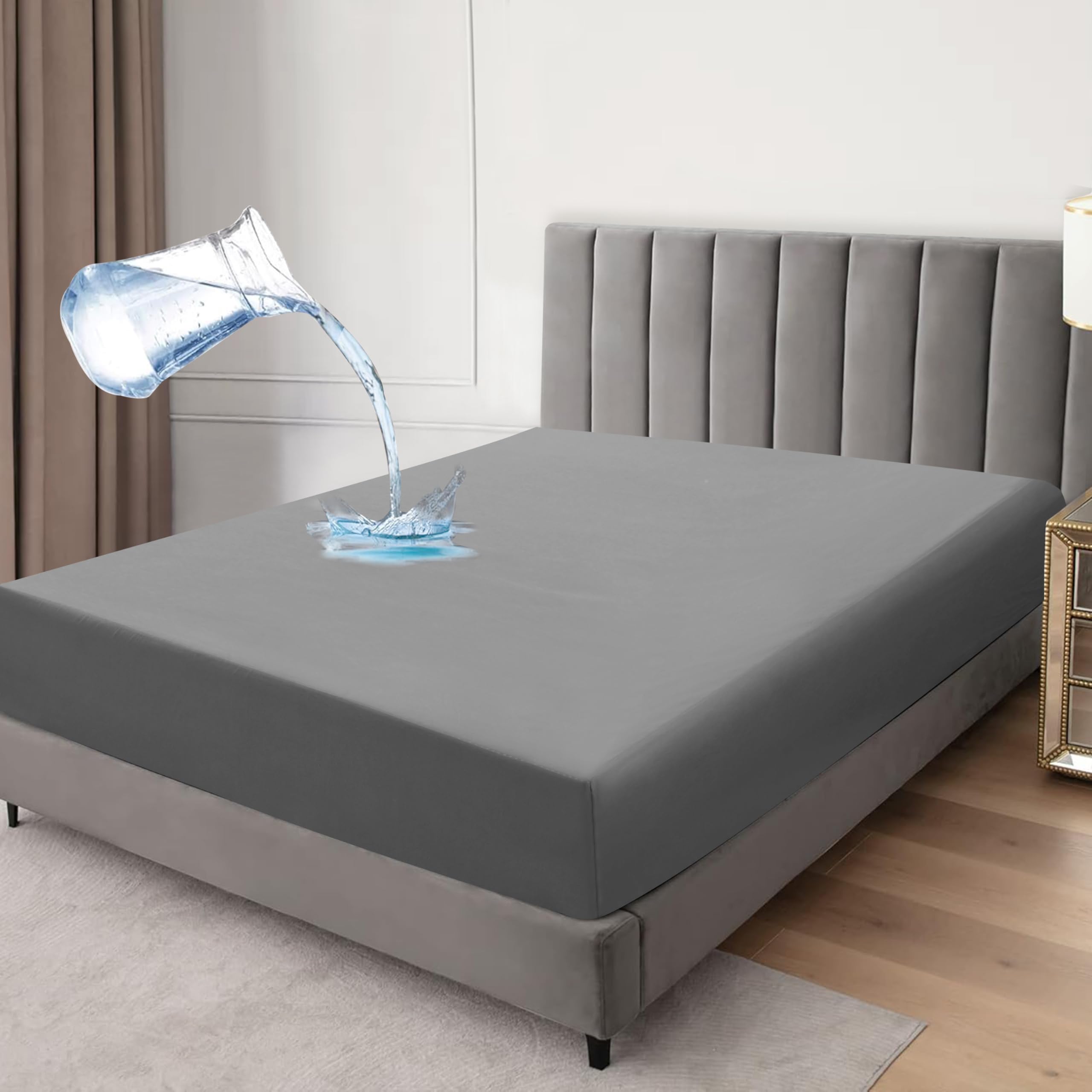Waterproof Fitted Sheet Mattress Protector, Microfiber, Breathable Crinkle Free Deep Pocket 30cm Single Double King Super King (Gray, King) โ image 1
