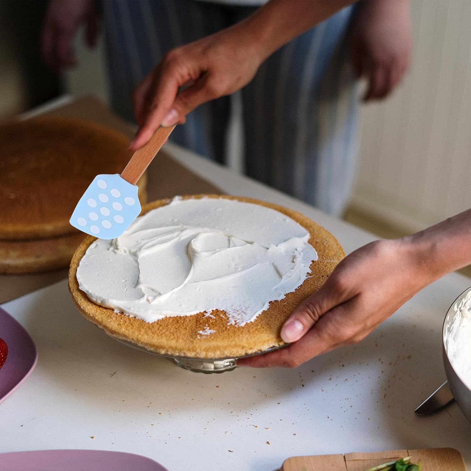2 Pcs Wooden Handle Silicone Cream Mixing Spatulas for Baking image 5