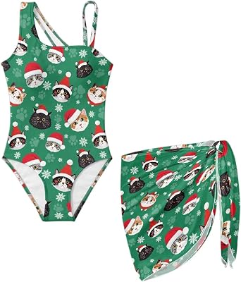 Girls One Piece Swimsuit with Cover up Skirt 7-18, One Shoulder Bathing Suit Adjustable Straps Cutout Swimwear