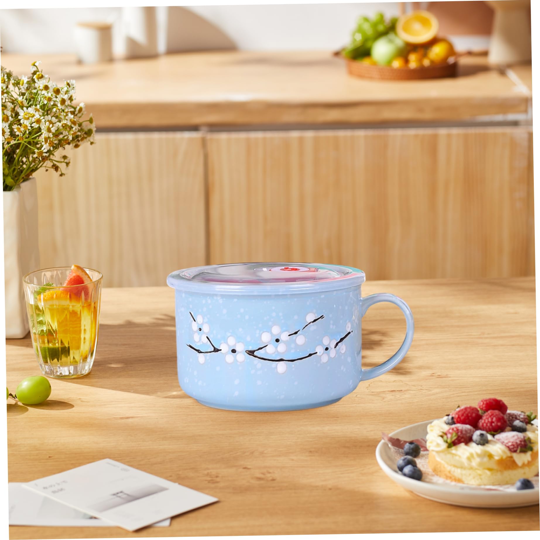 2 tazones de sopa con asas, taza de sopa de microondas resistente al calor con sellado de 800 ml / 28 oz con tapa Taza de viaje de cerámica floral invernal para ramen, fideos, gachas - Tazón de cer