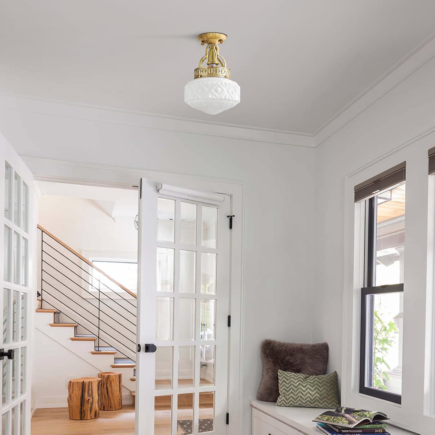 KCO Lighting Vintage Milk Glass Ceiling Light Fixture Brass Gold Kitchen Ceiling Light Fixtures Mid Century Globe Ceiling Lamp Industrial Hallway Ceiling Lighting