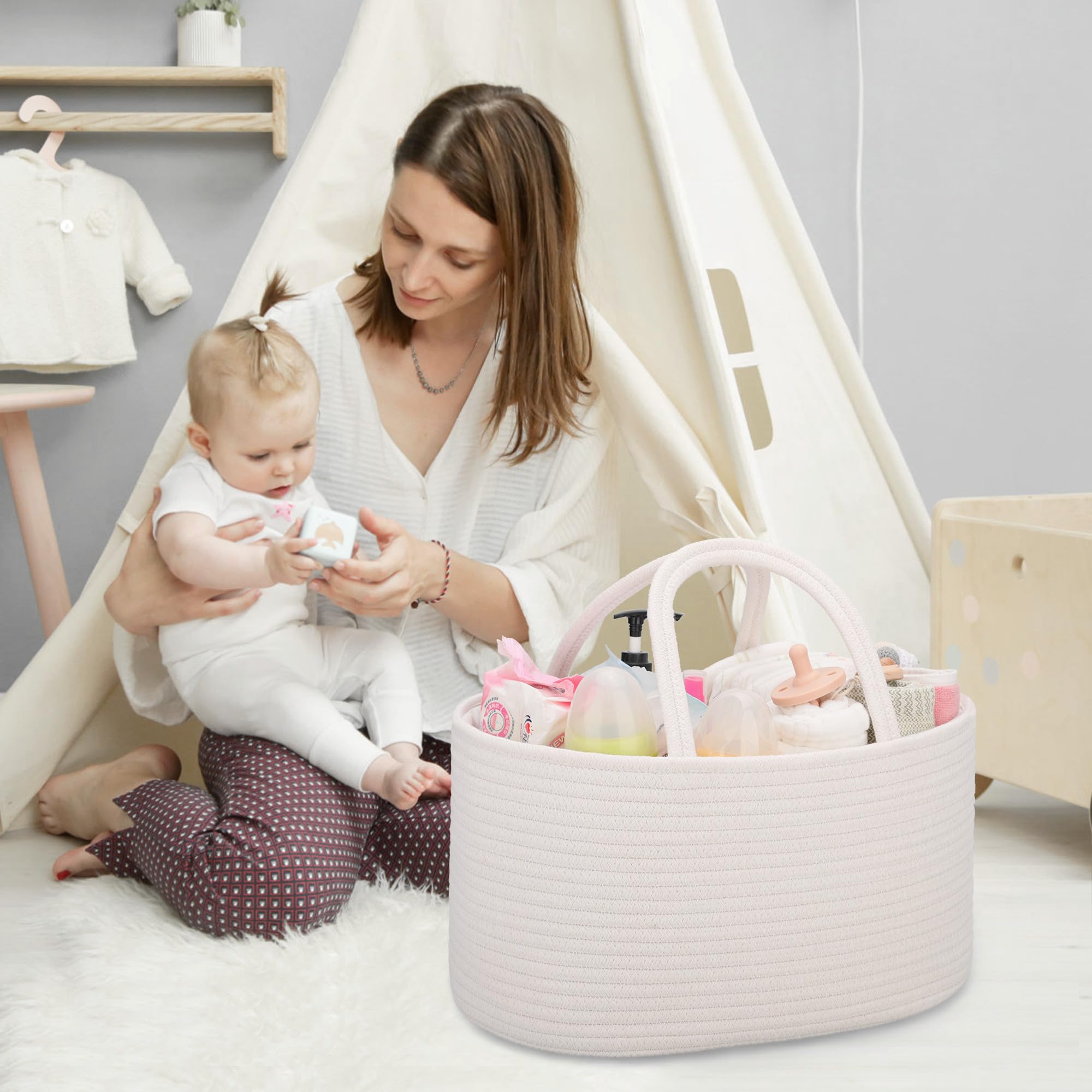 COMSE Large Nappy Caddy Organizer for Girl Boy Baby Car Diaper Caddy with Handles, Cotton Rope Diaper Basket - Image 3