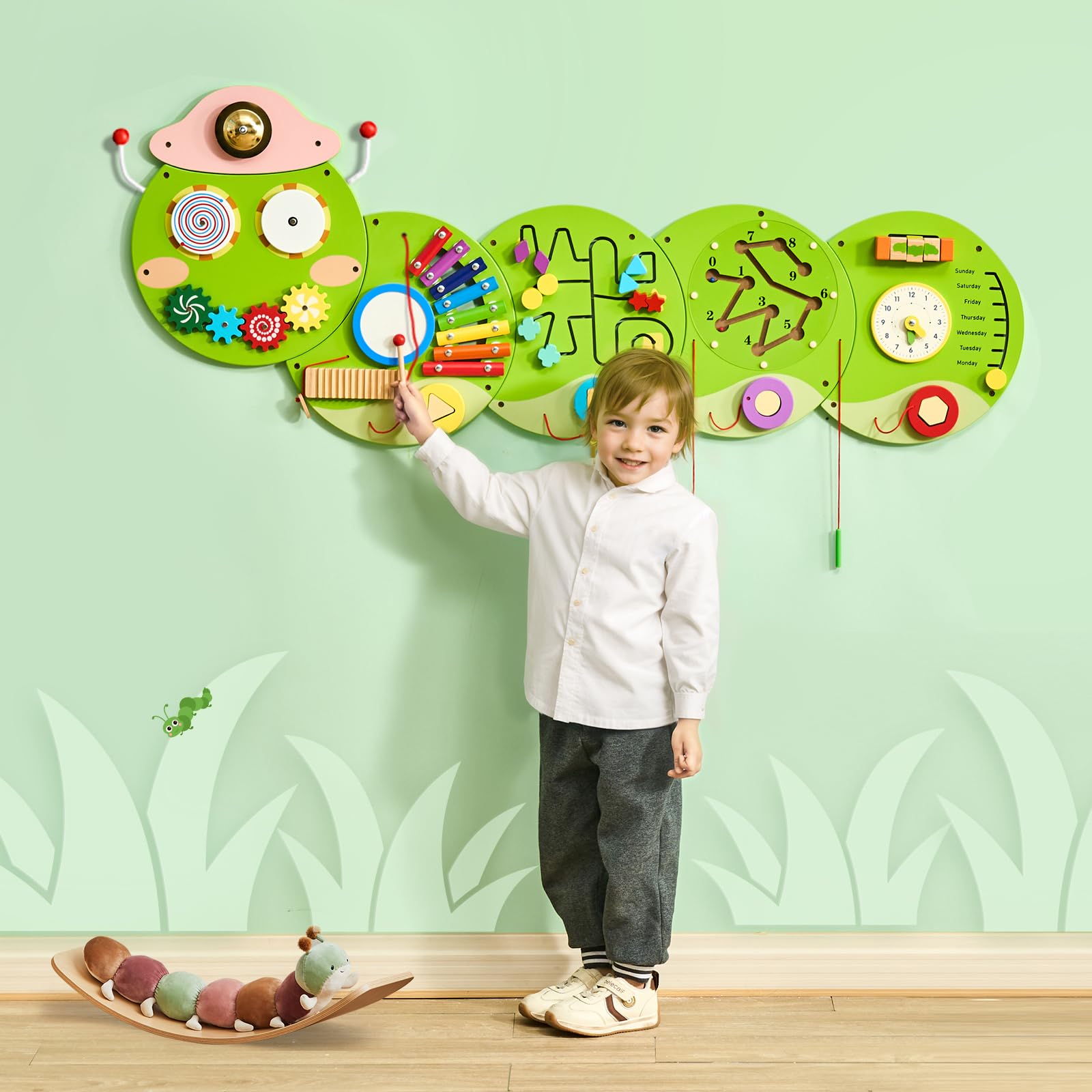 VEVOR Tablero Montessori de Pared de Oruga para Niños Pequeños 3 a 12 Años, Panel Sensorial con 12 Juegos Interactivos de MDF para Guardería Aula Motricidad Fina Sala de Juegos Infantil y Juego Diario