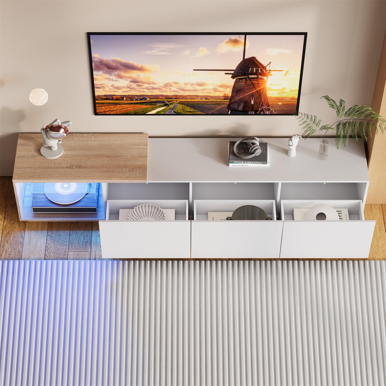 Mueble Extensible para TV, Mueble TV 240 cm, Mueble de TV LED para Salón, Banco TV Moderno de Madera con 3 Cajones, Armario Bajo para Salón, Blanco