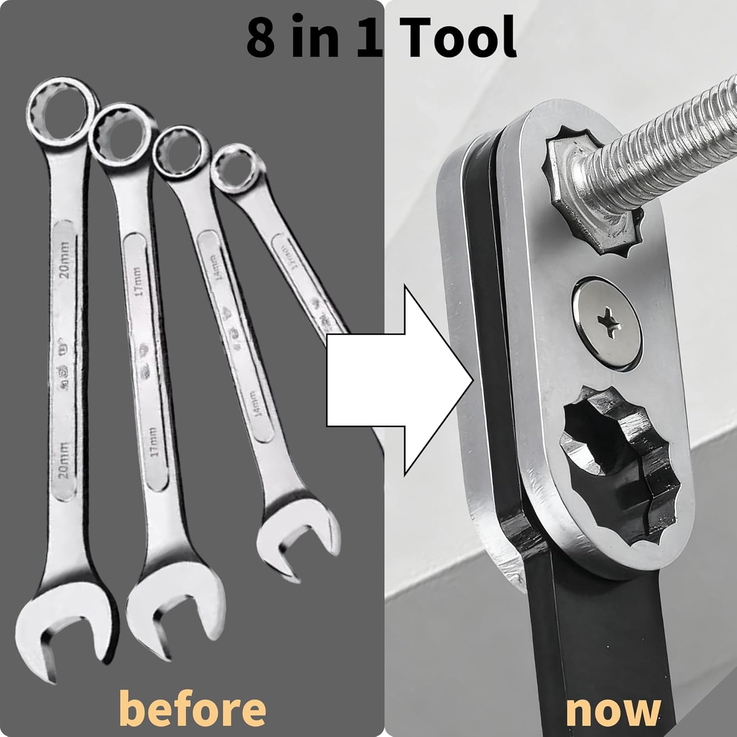 Double Box Open End 8-in-1 Universal Wrench With 360° Rotating Adjustable Head for Automotive Repair & Home Use Metric 8/10/12/13 & 14/16/17/19 mm, Carbon Steel (Open End Wrench)