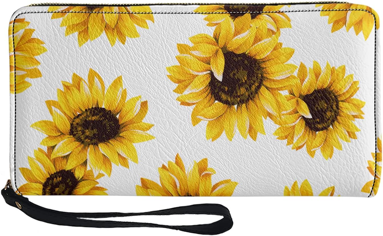 NC Sunflower Wallet, Long Wallet for Women, Slim Purse PU Leather Clutch Zip Around Cards Holder (White)