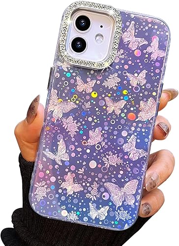 Miniatura 101 de I-MGAE-IN-AR - Funda diseñada para iPhone 12 y 12 Pro, diseño de mariposa plateada brillante, funda protectora de poliuretano termoplástico, suave,