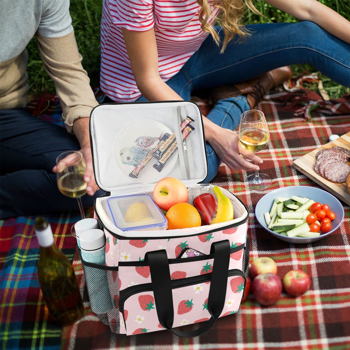 Bolsa de picnic de 15 litros, 24 latas, con aislamiento de fresas brillantes, para viajes, camping, barbacoa, actividades al aire libre, asas, correa para el hombro