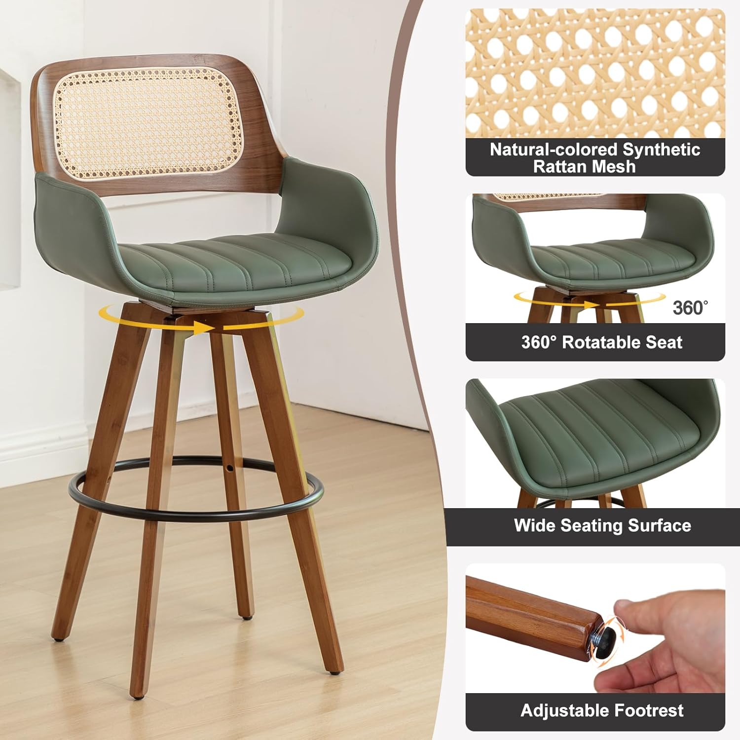 AQG Rattan Swivel Bar Stools Set of 4, Bar Height Bar Stools with Cane Back, Upholstered Seat, Faux Leather Bar Chairs for Island, Kitchen (Green, 29.7"-4 PCS)