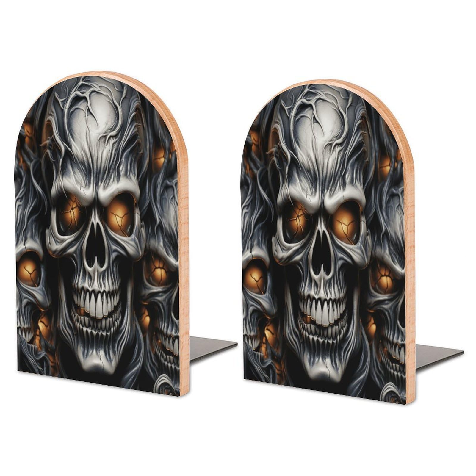 Sujetalibros de madera moderno Cool Evil Skull con base de metal para estantes