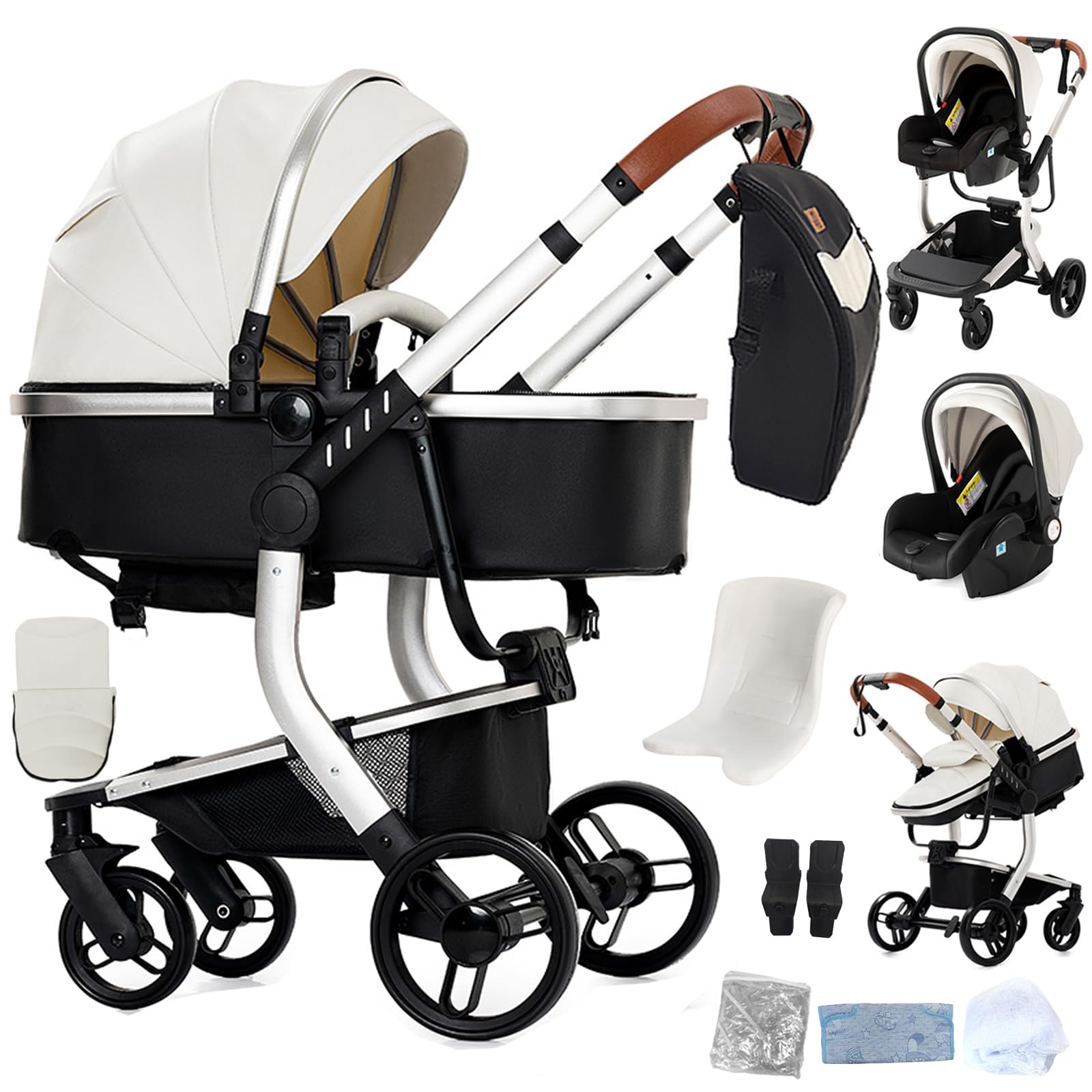 Reenborn Pelle PU Passeggino Trio, Passeggino 3 in 1 con Due Modi Reversibili Spingere, Trio Neonati con Design Pieghevole in Un Clic, Telaio Alluminio Paesaggistico Alto (B518 White)