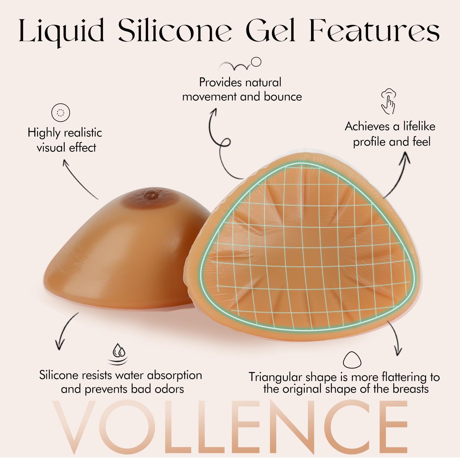Vollence Una coppia di protesi mammarie in silicone a forma di triangolo, realizzate in gel di silicone, simulate per mastectomia, travestiti, transgender. Inserti per migliorare il reggiseno