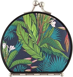 Tropical Jungle Palm Tree Leaves with Flowers on Dark Blue Compact Makeup Mirror, Twin-Sided Cosmetic Mirror with 2 x 1x Magnification, Buckle Folding Mini Pocket Portable Hand Mirror