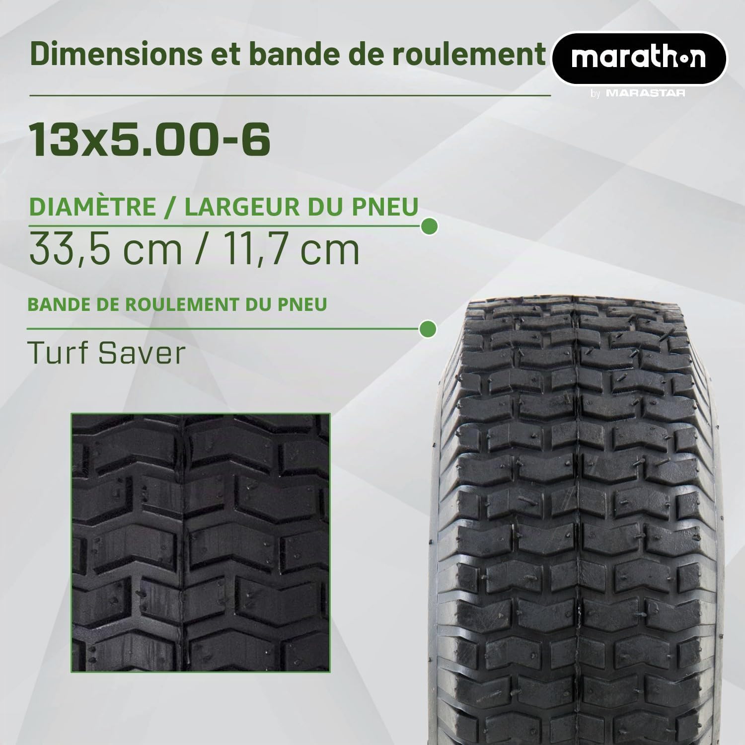 Marathon 20336 Pneu de tondeuse à gazon pneumatique (rempli d'air) 33 x 12,9-15,2 cm