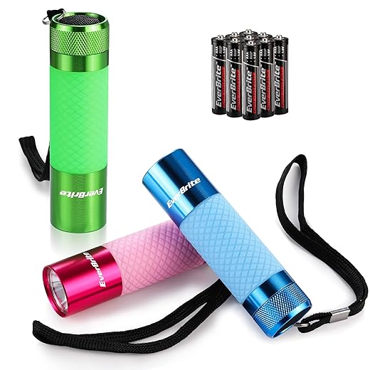 EverBrite 3-Pack Mini LED Flashlights, Glow in Dark Flashlights, Aluminum Flashlights Party Favors Assorted Colors for Camping, Hiking, Indoor, 9AAA Batteries Included