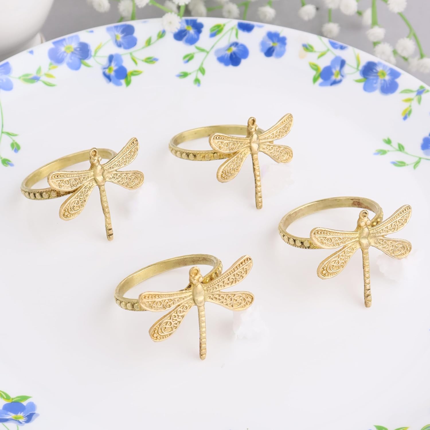 IndianShelf 4 Piece Brass Gold Dragonfly Napkin Rings Holders for Dinning Table Decoration Christmas Holiday New Year Eve Wedding Birthday Party Banquet Thanksgiving Dinnerware Easter Napkin Ring
