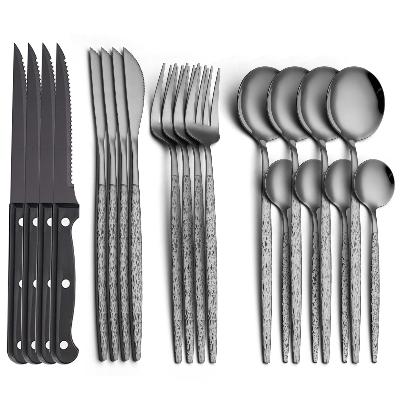 20 Piece Stainless Steel Black Silverware Set with Steak Knives for 4, Mirror Polished Flatware Set Cutlery Utensils Tableware Set for Home Kitchen, Fork Knife Spoon Set, Dishwasher Safe