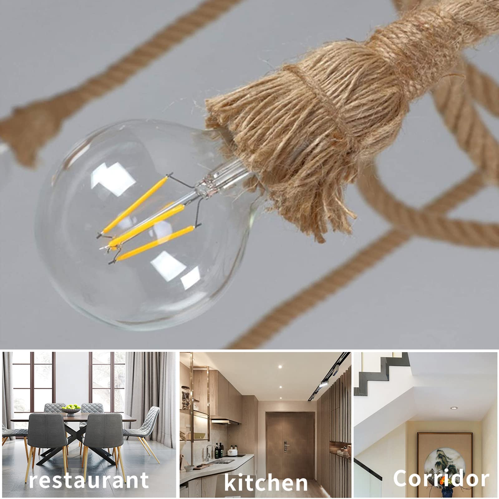 Lámpara de araña industrial retro de cuerda de cáñamo, lámpara colgante Hemp Rope Light con 1/3/6 luces, cuerda de cáñamo DIY vintage colgante con portalámparas E27, para sala de estar