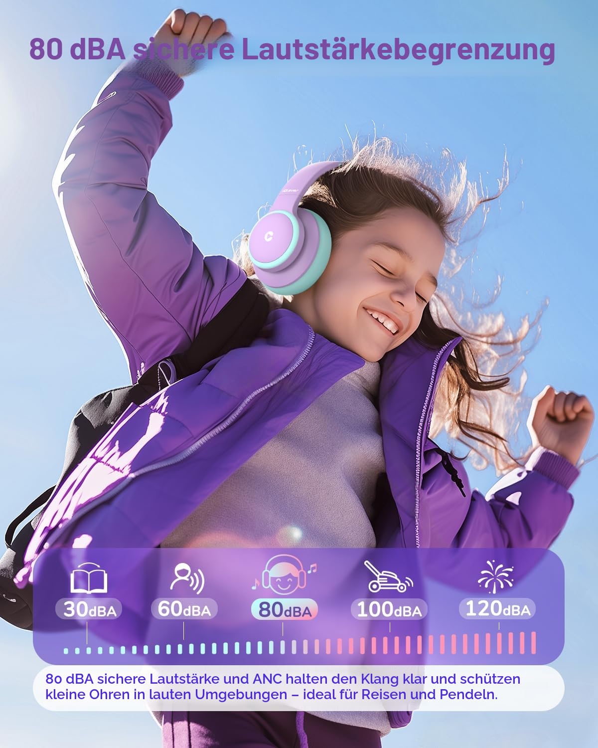 iClever Noise Cancelling Bluetooth Kopfhörer Kinder, 60 Spielzeit, Sichere Lautstärke 80 dBA, Typ-C-Schnellladung, Bluetooth 5.4, Kinder Kopfhörer mit Mikrofon-AUX-Kabel für iPad, Lila
