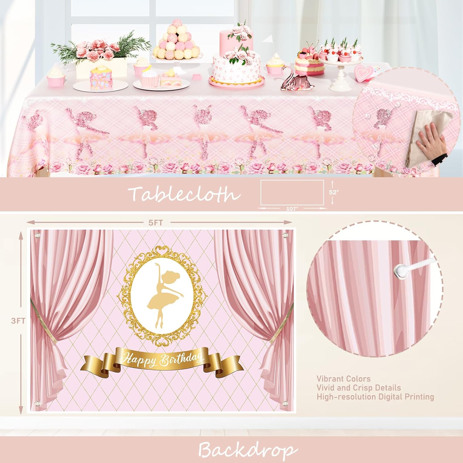 Costova Ballerina Birthday Party Decorations – 107PCs Girls Ballet Birthday Party Supplies with Backdrop, Balloon Garland, Ribbons, Bows, Cake Topper, Cupcake Toppers, Tablecloth