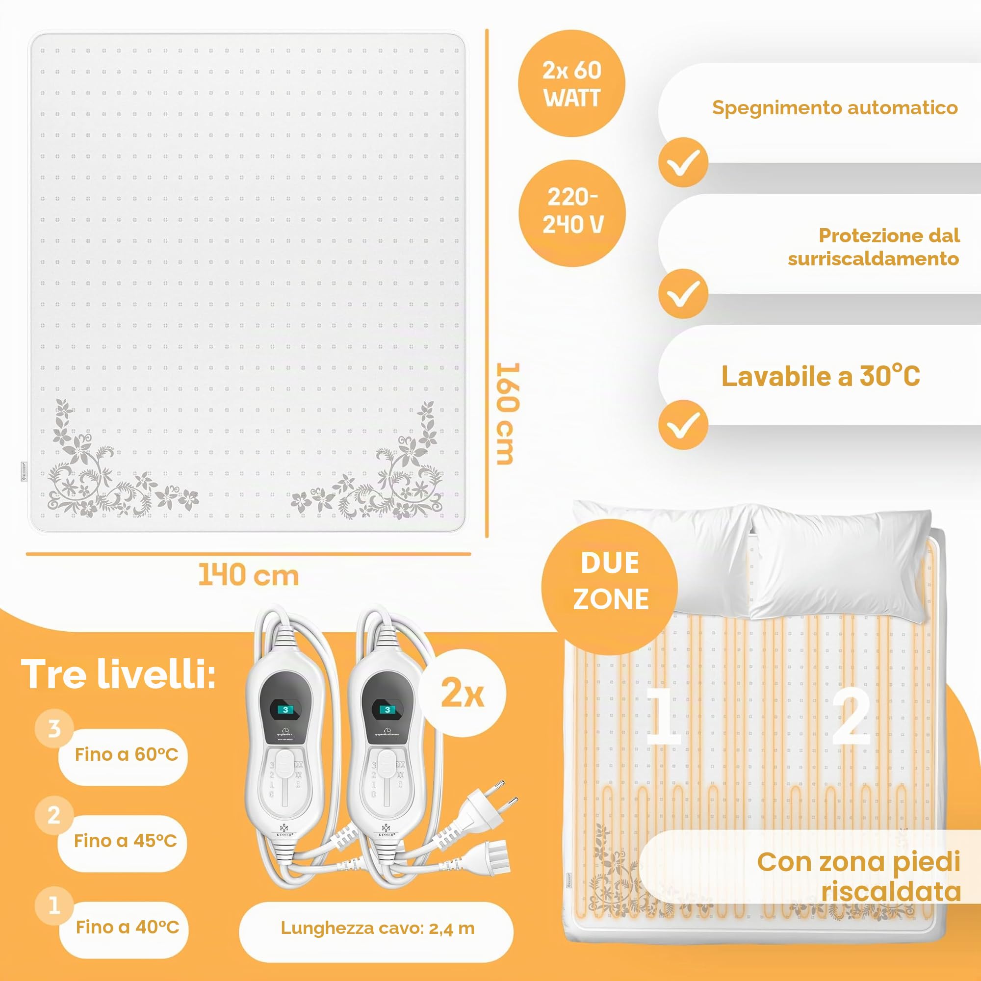 KESSER® Letto termico doppio, 160 x 140 cm, 2 zone di temperatura, coperta termica in morbido pile bianco con motivo, 3 livelli di temperatura, telecomando, spegnimento automatico dopo 180 minuti