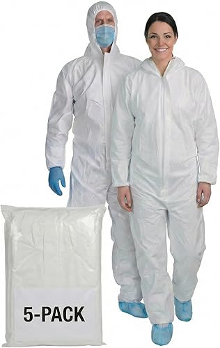 PENTAGON SAFETY EQUIPMENT Heavy Duty Disposable Coveralls with Hood, Breathable Type 5 Protective Suits (Pack of 5)