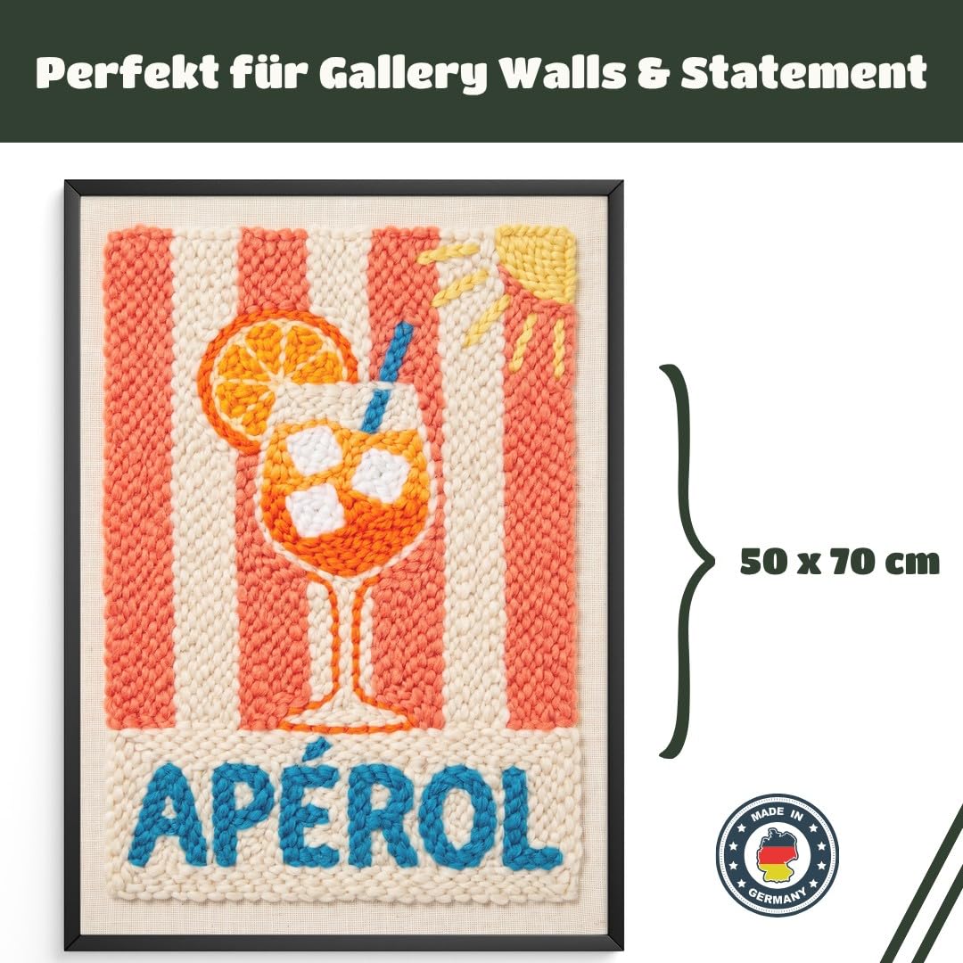 MJ-GRAPHICS® Poster Aperol Kunstdruck Stickerei Wandbild Rot Orange Deko Sommer Küche Wohnzimmer 50x70 mit braunem Rahmen
