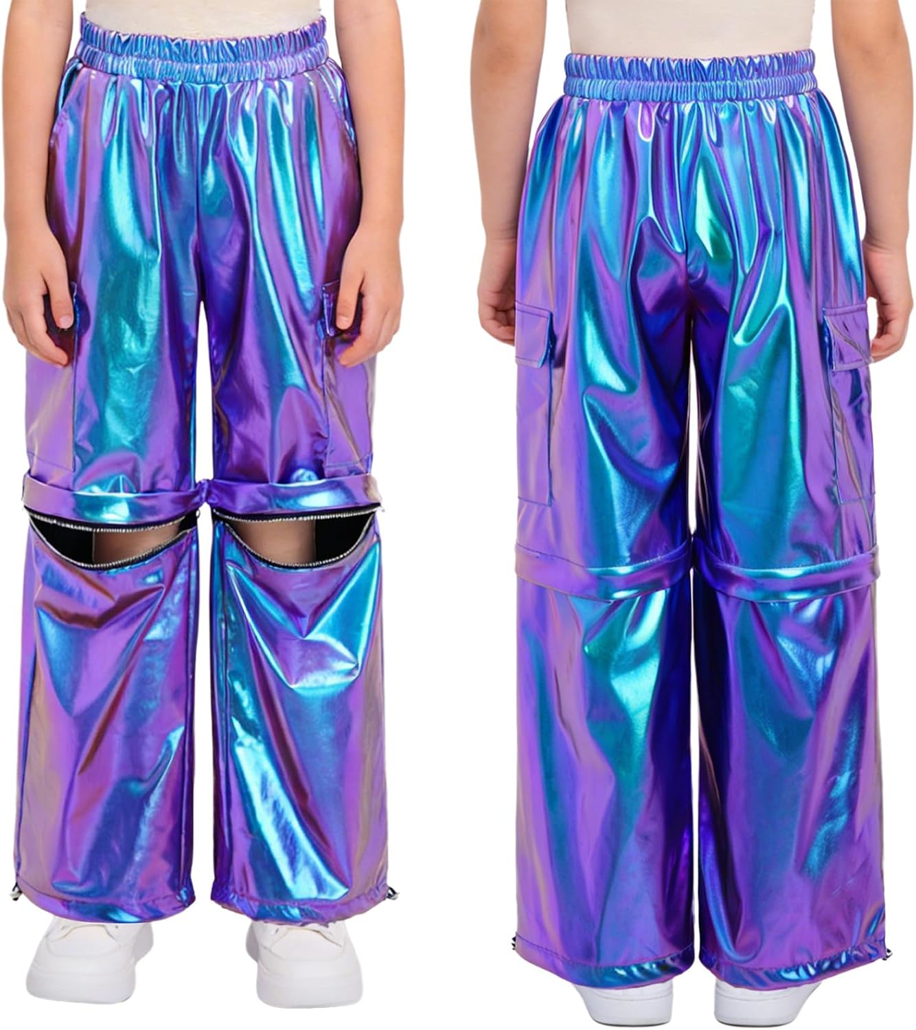 Jhaoyu Girls Boys Metallic Cargo Joggers Zip Off Pants Convertible to Shorts Knee Zipper Hip Hop Street Dance Wear
