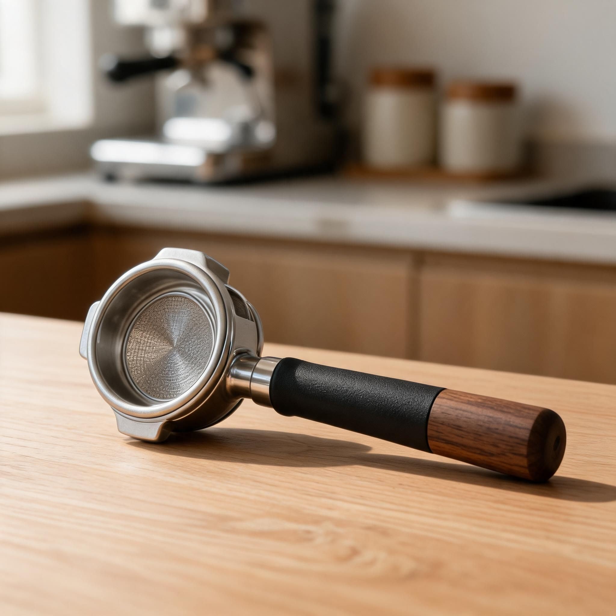 Portafiltro espresso de 58 mm con doble boquilla, acero inoxidable 304 y mango de madera de nogal, para cafeteras Petrus PE3888/PE3992, accesorio profesional para barista (aluminio + madera
