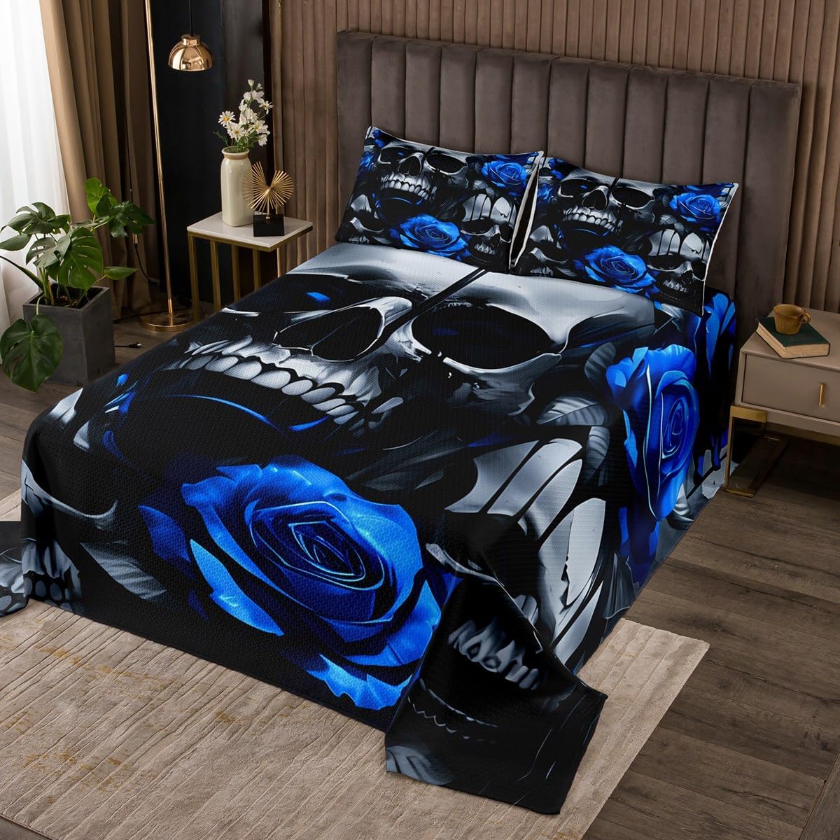 Erosebridal Goth Skull Quilt Set Queen Size for Kids Teens Adults,Teal Black Coverlet Set,Neon Sugar Skull Bed Cover Bedroom Decor,Halloween Gothic Bedspread Set