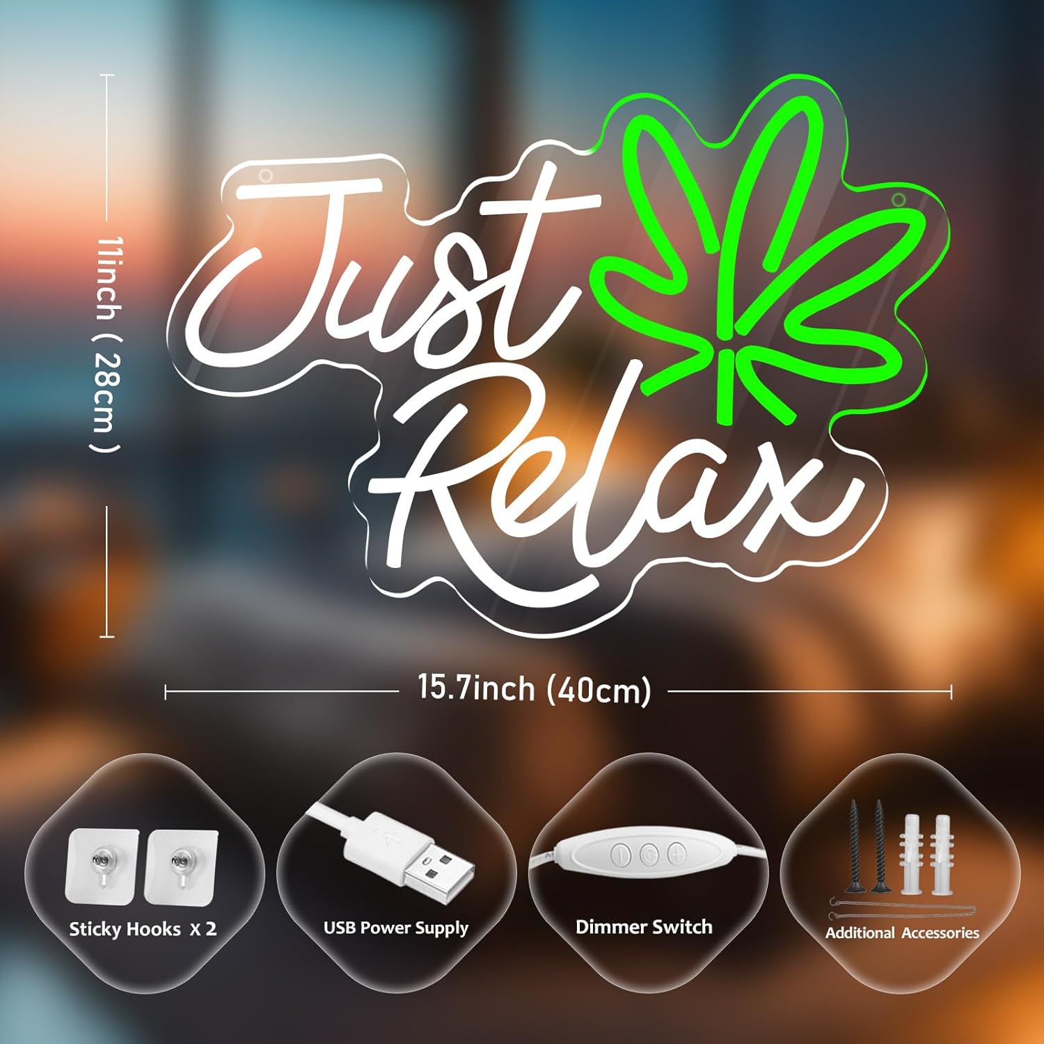 Just Relax Neon Sign LED Wall Decor, Green Leaf Aesthetic Light for Bedroom, Bar, Lounge, Man Cave and Game Room, USB Powered Dimmable Neon Lamp for Chill Room Decor - Image 3