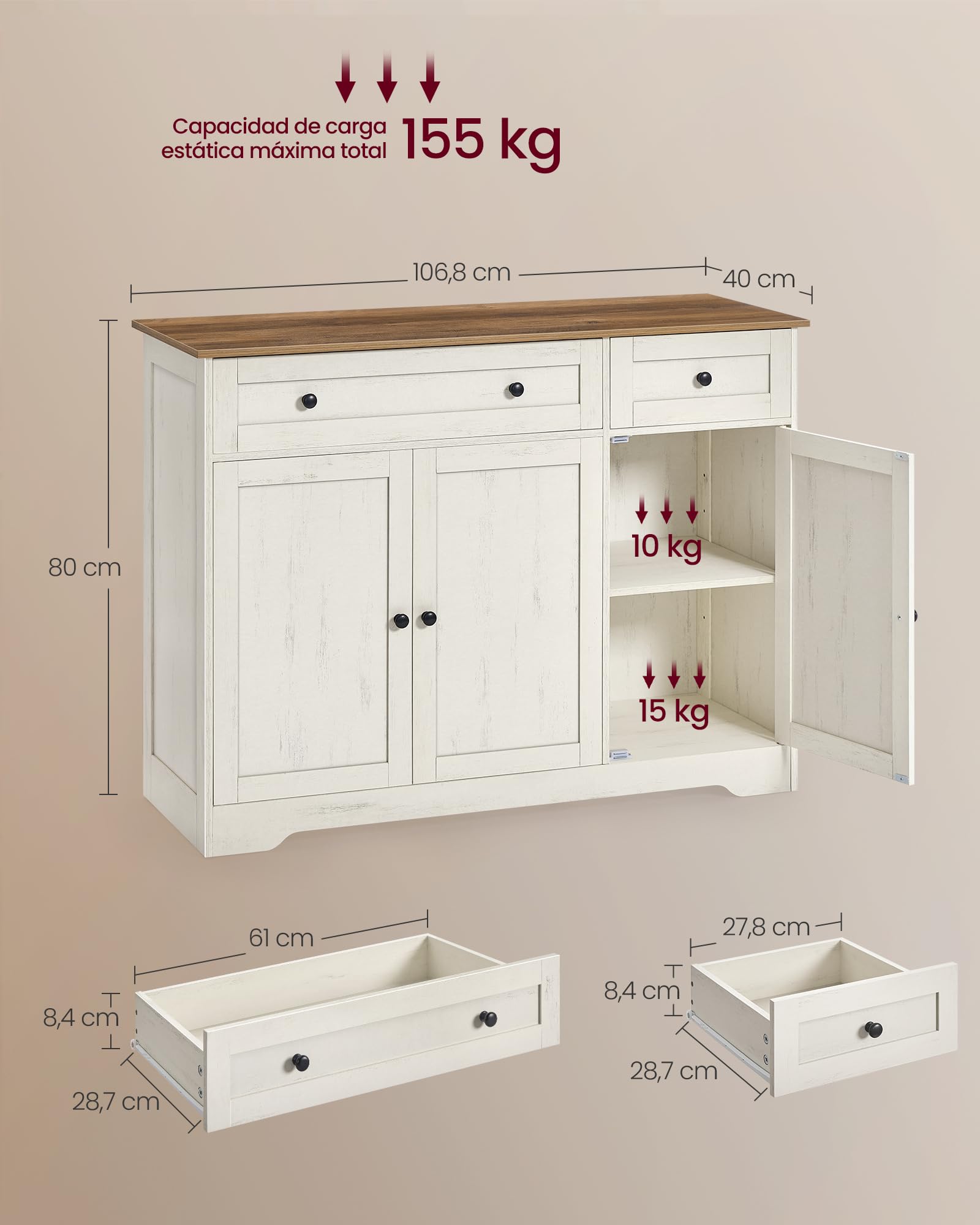 VASAGLE Siren Colección - Aparador, Armario Almacenaje, con 2 Cajones y Estantes Ajustables, 3 Puertas, Rincón de Café, 40 x 106,8 x 80 cm, Blanco Rústico LSC531WJ01
