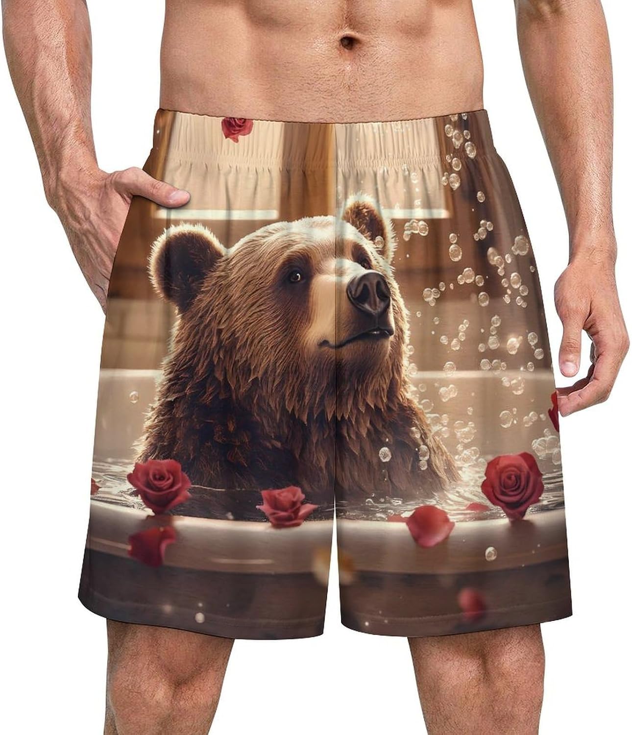 Funny Bear Bathtub Pajama Shorts for Men Lounge Sleepwear Soft Sleep Bottom Printed Sleeping Pants 5X-Large