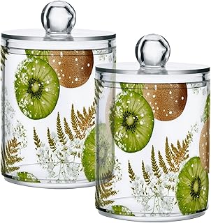 2 Pack Apothecary Jars Fresh Kiwi Botanical Bathroom Vanity Storage Organizer Set,Small Clear Plastic Storage Jars Bathroom Canister for Cotton Swabs, Rounds, Balls, Qtips,Makeup Sponges, Floss