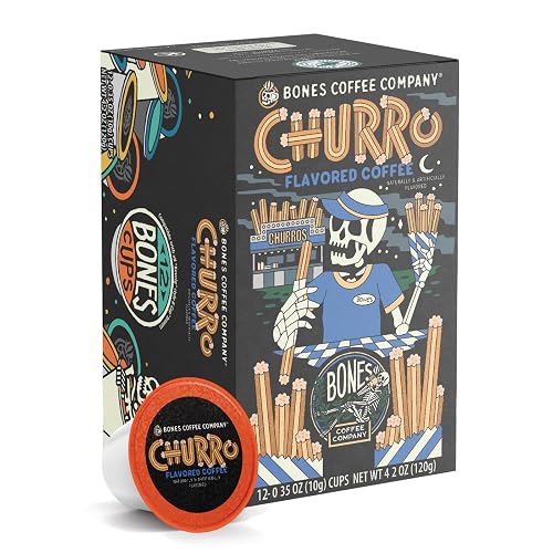 Bones Coffee Company Churro Flavored Coffee Pods, Low Acid Medium Roast Single-Serve Bones Cups, Compatible with 1.0 & 2.0 K-Cups Brewers Coffee Maker, 12 Count - Churro - 12 Count (Pack of 1)