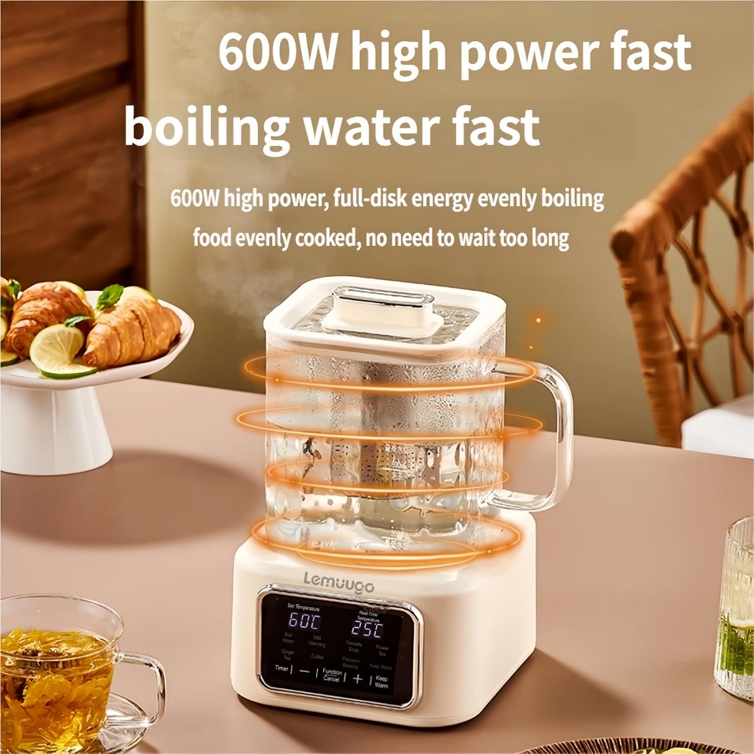 Electric Kettle with Infuser,1L All-Glass Design,600W Fast Heating Tea Maker for Loose Leaf & Herbal Drinks,Temperature Control,24H Preset Timer,Keep Warm,Stainless Steel Strainer