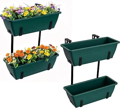 4 Pcs Hanging Flower Pots, 16.9 Inches Railing Planter Box, Green