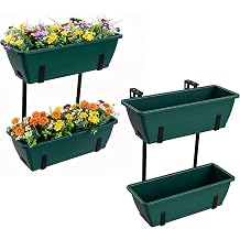 4 Pcs Hanging Flower Pots, 16.9 Inches Railing Planter Box, Green | Window Box Planter with Detachable Hooks & Trays, Drainage Holes, Fits Balcony Yard Garden Decor for Plant, Countryside