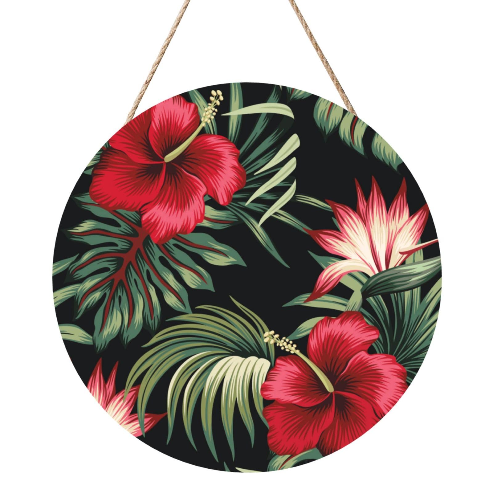 InOmak Tropical Vintage Red Hibiscus Strelitzia Floral, Round Wood Panel Painting 12 in, Wall Hanging Painting For Home