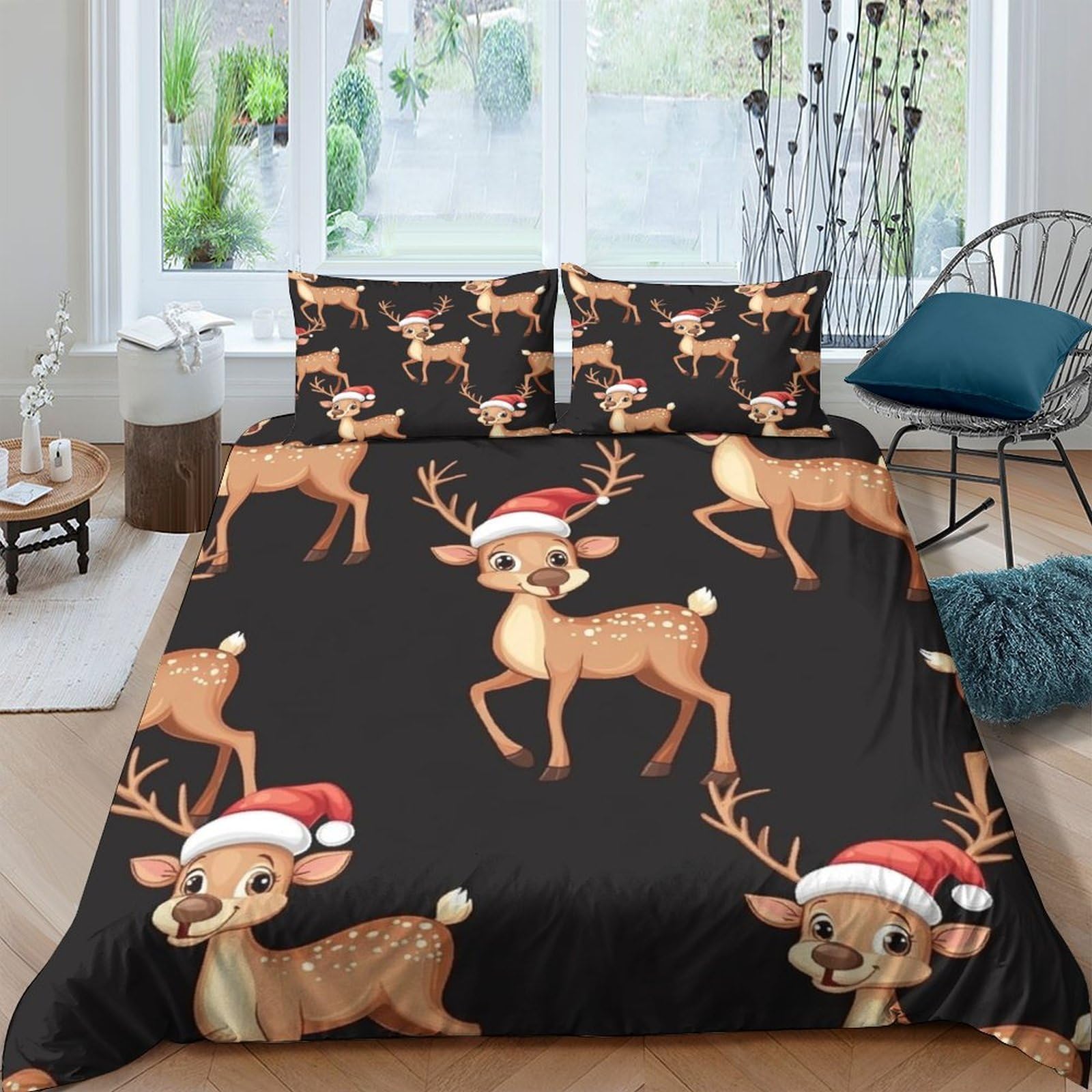 Ctjqhvkz Style-5 3D Printed Christmas Reindeer Fitted Sheet Microfiber Soft Black Santa Hat Bed Cover For Bedroom Guest Room Decor Single（135X200cm）