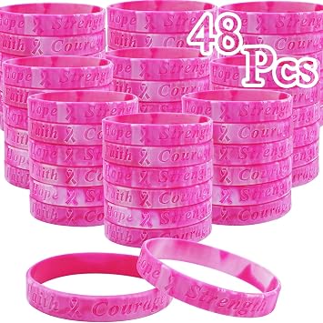 Temogole 48 Pack Breast Cancer Awareness Bulk Items Pink Ribbon Bracelets for Women Men Adult Fundraiser Party Favors Survivors Gifts Hope Faith Strength Courage Camo Silicone