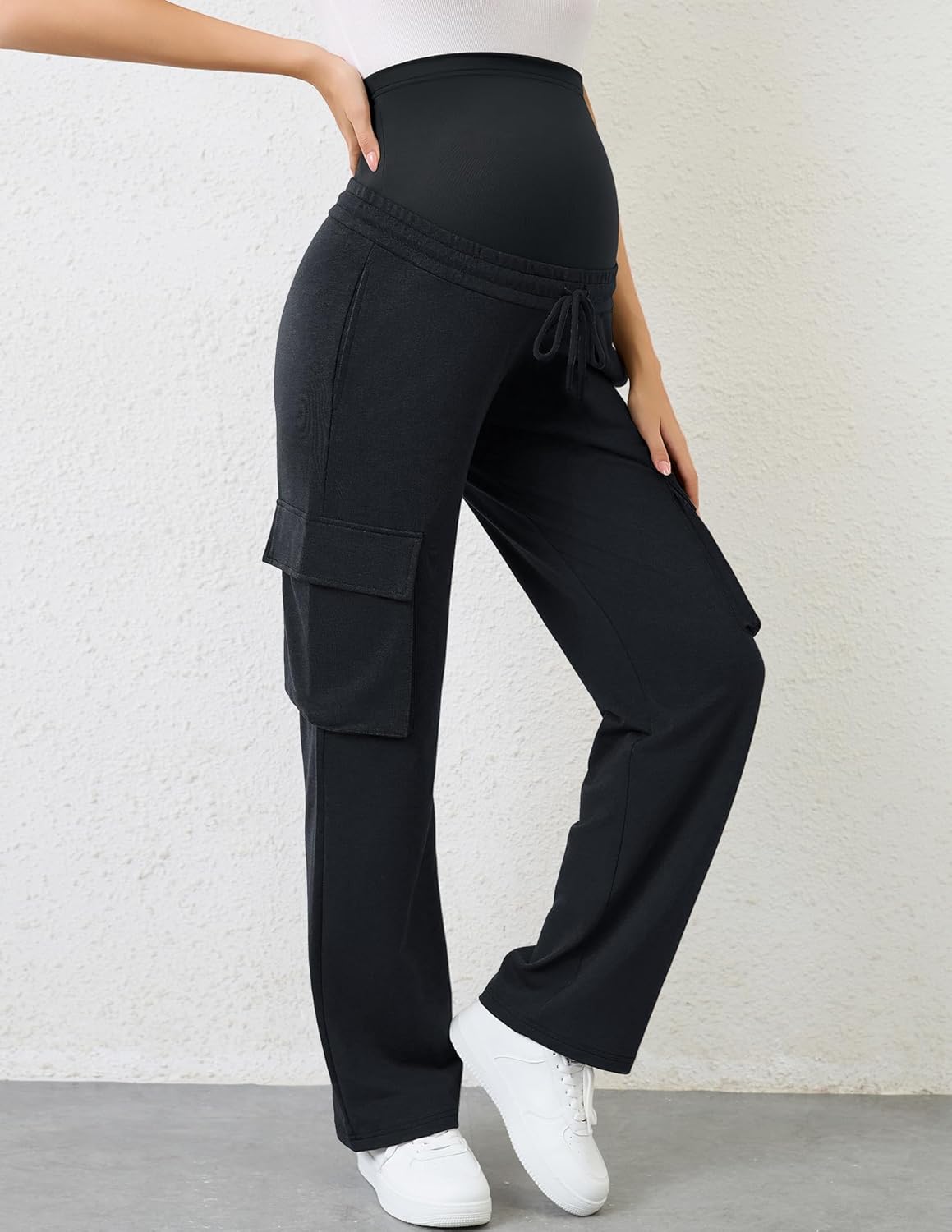 FABRACK Women's Maternity Cargo Pants Sweatpants Over The Belly Casual Comfy Drawstring Pregnancy Pants with 4 Pockets - Image 2