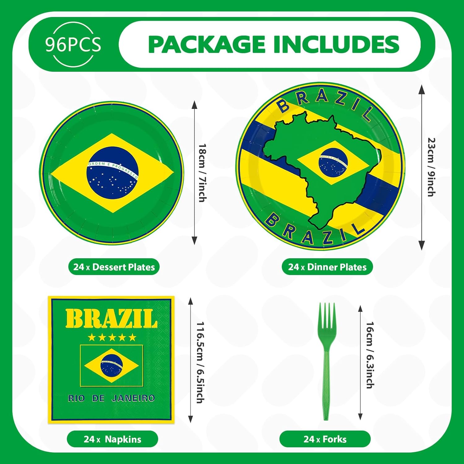 96 Pcs Brazil Flag Birthday Party Supplies Brazil Flag Party Plates and Napkins Disposable Brazilian Flag Tableware Set for Brazil Party Decorations Patriotic Event Birthday Family Gathering Serves 24 - Image 2