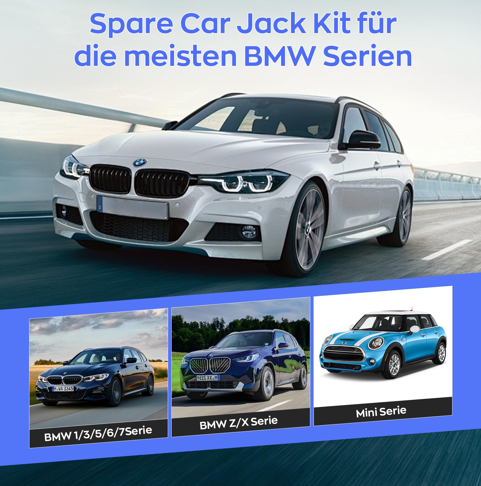 IMAYCC Gato para Coche Universal 3T/3000KG, Kit de Gato Coche para Serie BMW con 2 Pcs Bloque De Goma BMW, Portátil Kit de Emergencia con Llave de Tuercas de Rueda BMW Serie 1/3/5/6/7/Z/X SUV