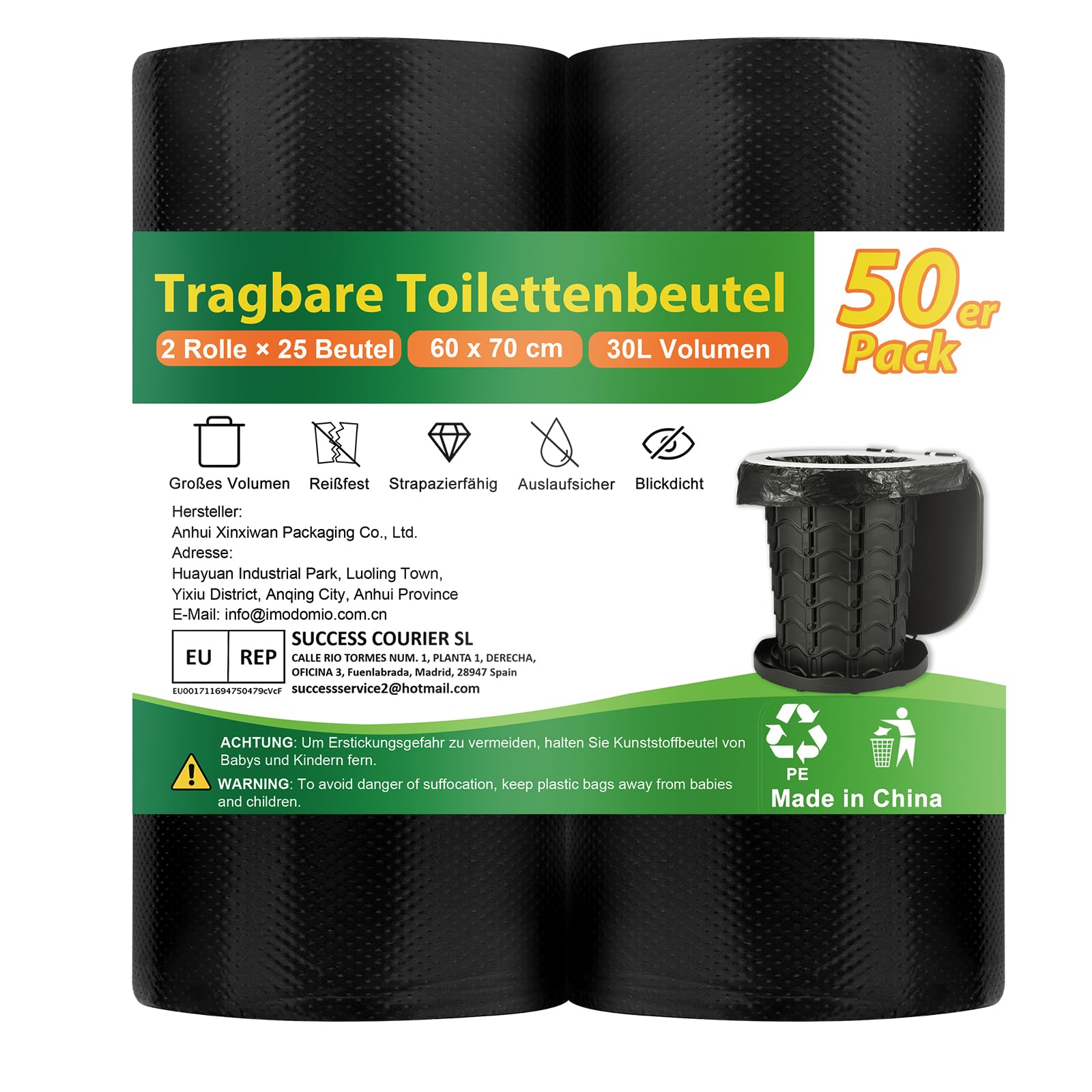 imodomio Camping Toilettenbeutel 60x70 cm Toilettenbeutel für Campingtoiletten, wasserdichte Beutel Campingtoilette Zubehör, Reißfeste Müllbeutel Schwarz für Mobile Toilette, Camping