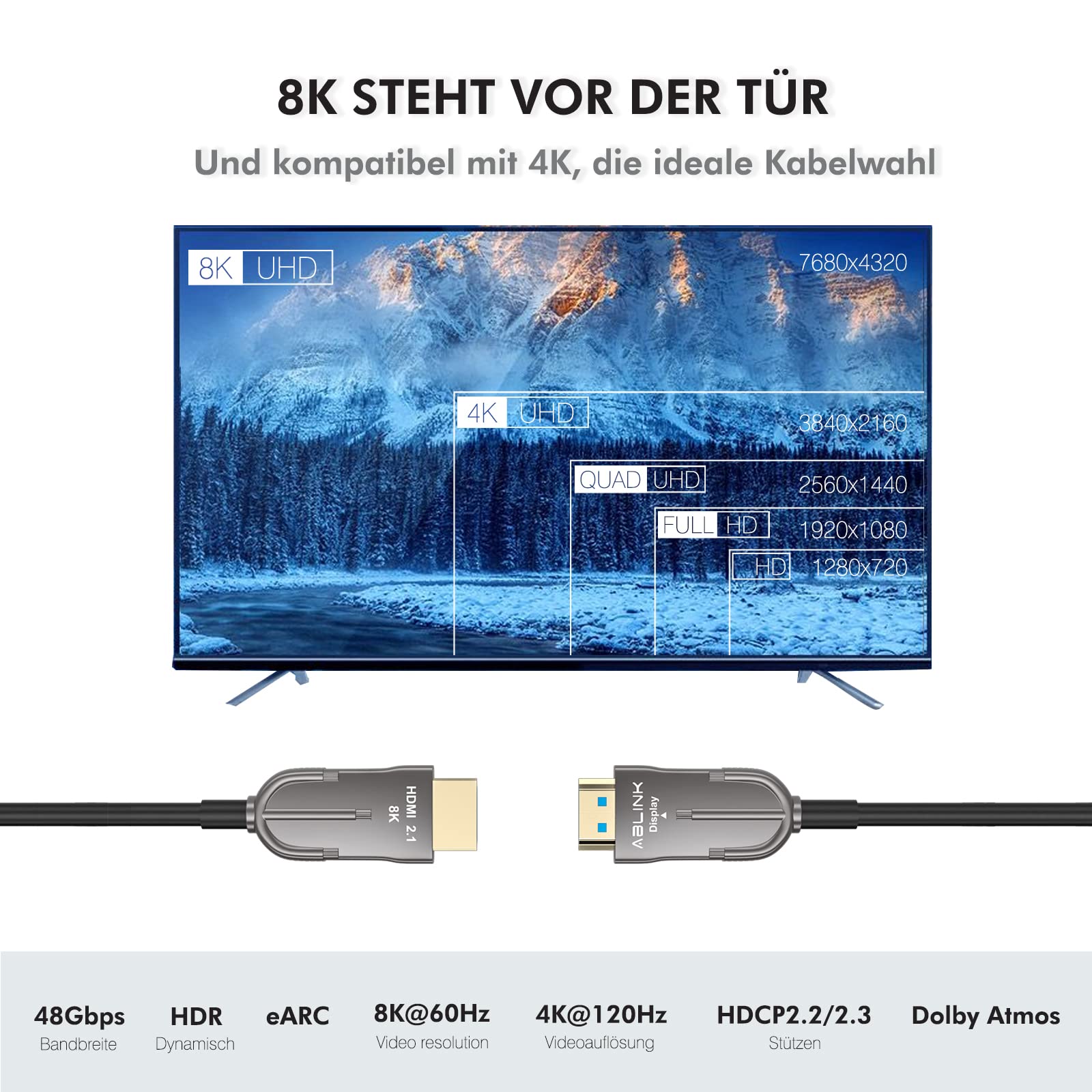 Ablink HDMI Glasfaser 2.1 Kabel 20m - 48 Gbps 8K 60Hz 4K 120Hz - eARC, HDR, CL3 - Kompatibel mit PS5, Xbox, PC, Projektoren, Monitoren & TVs