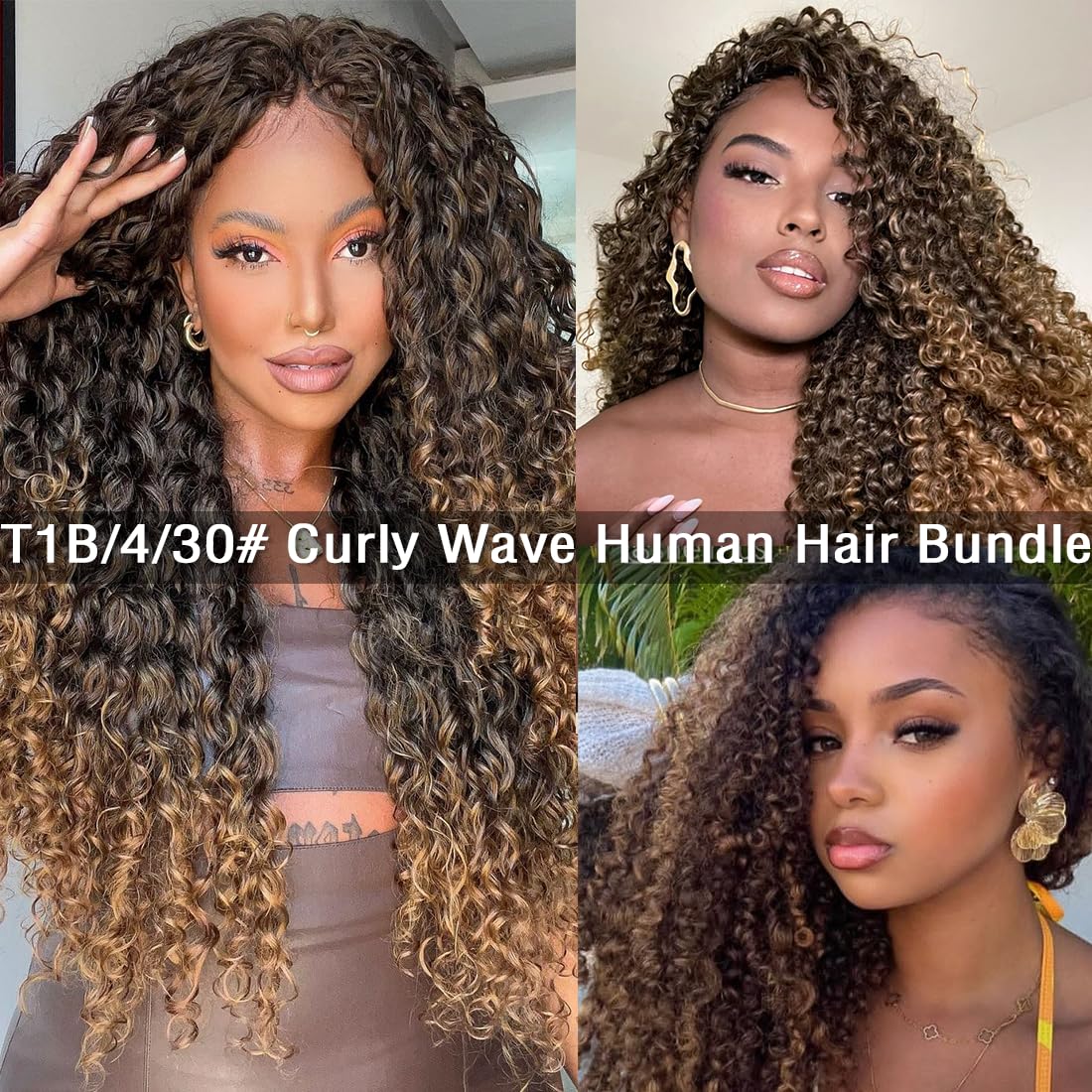 20 Inch #T1B/4/30 Jerry Curly Human Hair Bundles Ombre Chocolate Honey Brown Unprocessed Brazilian Kinky Hair Double Weft Soft Quick Weave Bundles for Black Women