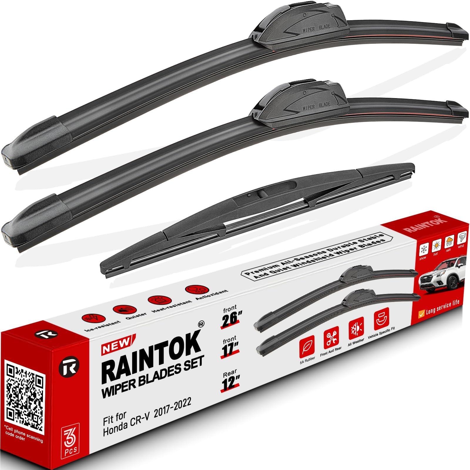 Windshield Wiper Blades Replacement for Honda CRV CR-V 2017 2018 2019 2020 2021 2022 Original Factory Quality Front Rear Wipers Blade Set for My Car - 26" 17" 12" (Pack of 3)