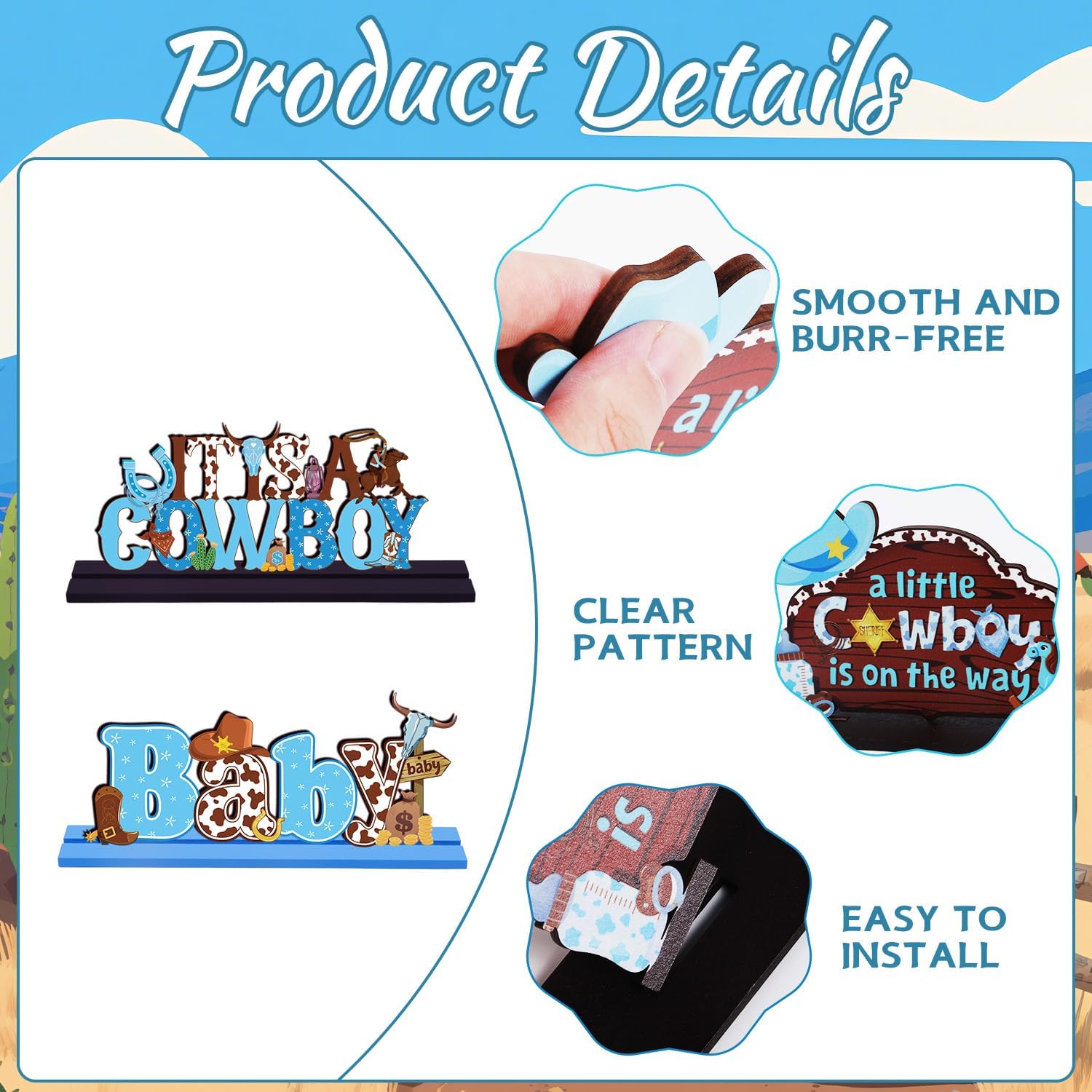 Gameza Wooden Cowboy Baby Shower Decorations, 6PCS Western Themed Table Centerpieces Sign Party Decorations Supplies, It's A Cowboy Baby Shower Decor