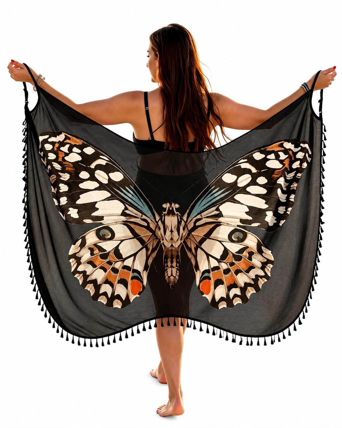 Women's Butterfly Print Beach Cover Up Sarong Wrap | Soft Chiffon Tassel Swimwear Cover-Up | Black-image-41
